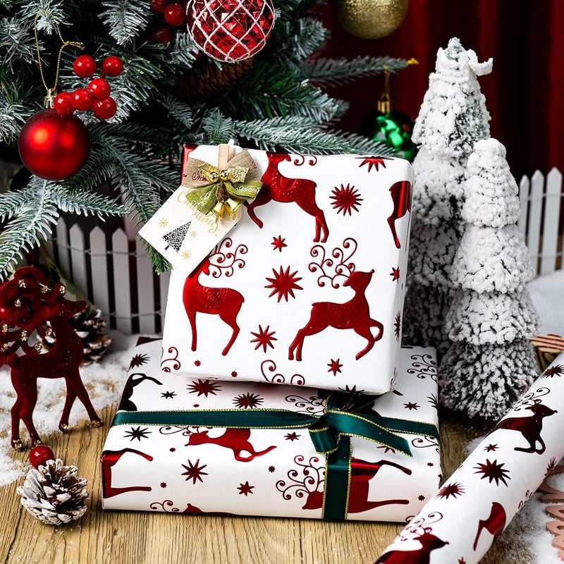 Yarcony Kraft Christmas Wrapping Paper, Cute Vintage 3D Reindeer Wrapping Paper, Luxury Red Christmas Deer Design Gift Wrap with 3D Embossed Foil for New Year, Holiday,Vacation (17 Inch X 33 Feet) - Image 2